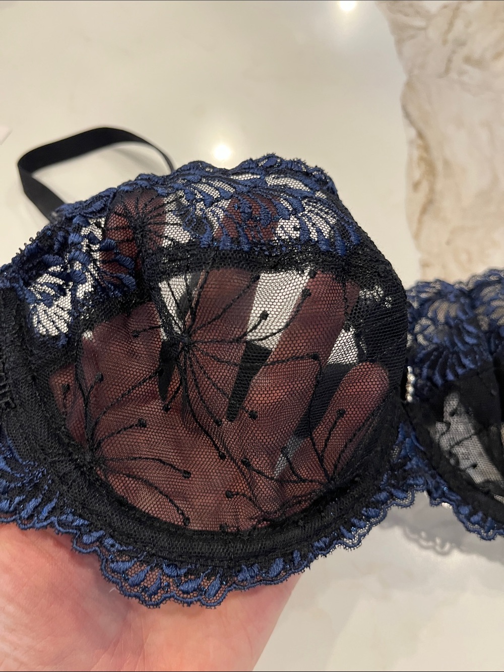 NEW Chantelle Sheer Lace black Underwire Bra with Navy Blue Detail